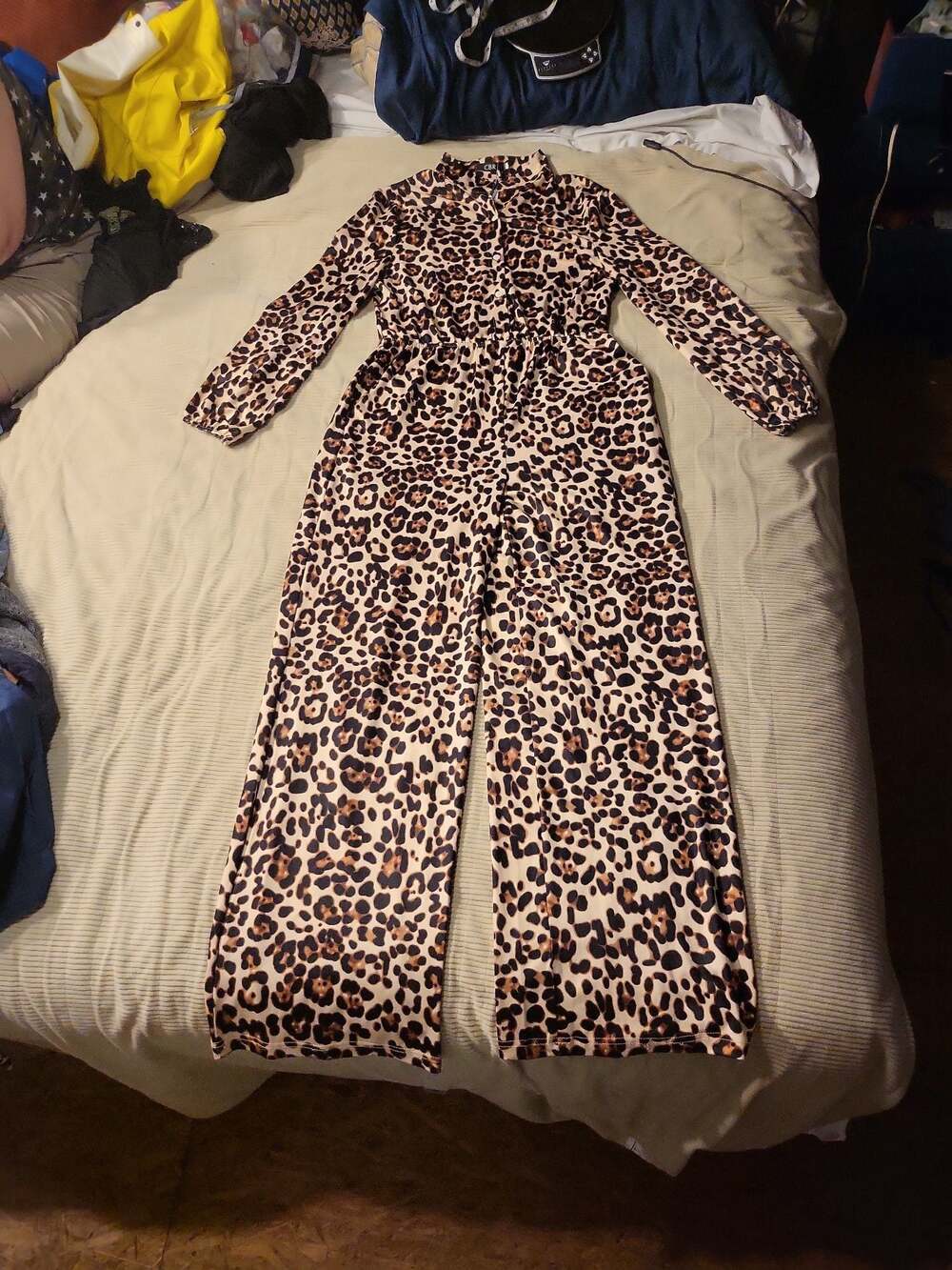 CBR Chic Boutique Rose Leopard Print Long Sleeve Mock Neck Jumpsuit XL